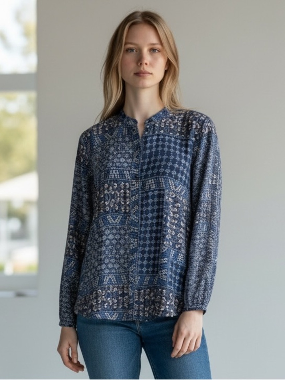 LOFT Blue Patterned Long-Sleeve Peasant Blouse